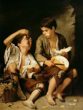 果物を食べる少年たち ブドウとメロンを食べるスペインバロック様式のバルトロメ・エステバン・ムリーリョ Oil Paintings